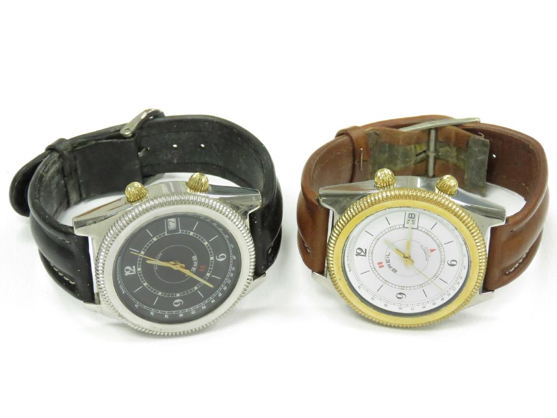 LOT (2) BREIL MODEL 145 STAINLESS AUTOMATIC: LOT (2) BREIL MODEL 145 STAINLESS AUTOMATIC DATE-JUST/ALARM WRISTWATCHES WITH LEATHER STRAPS. 41MM