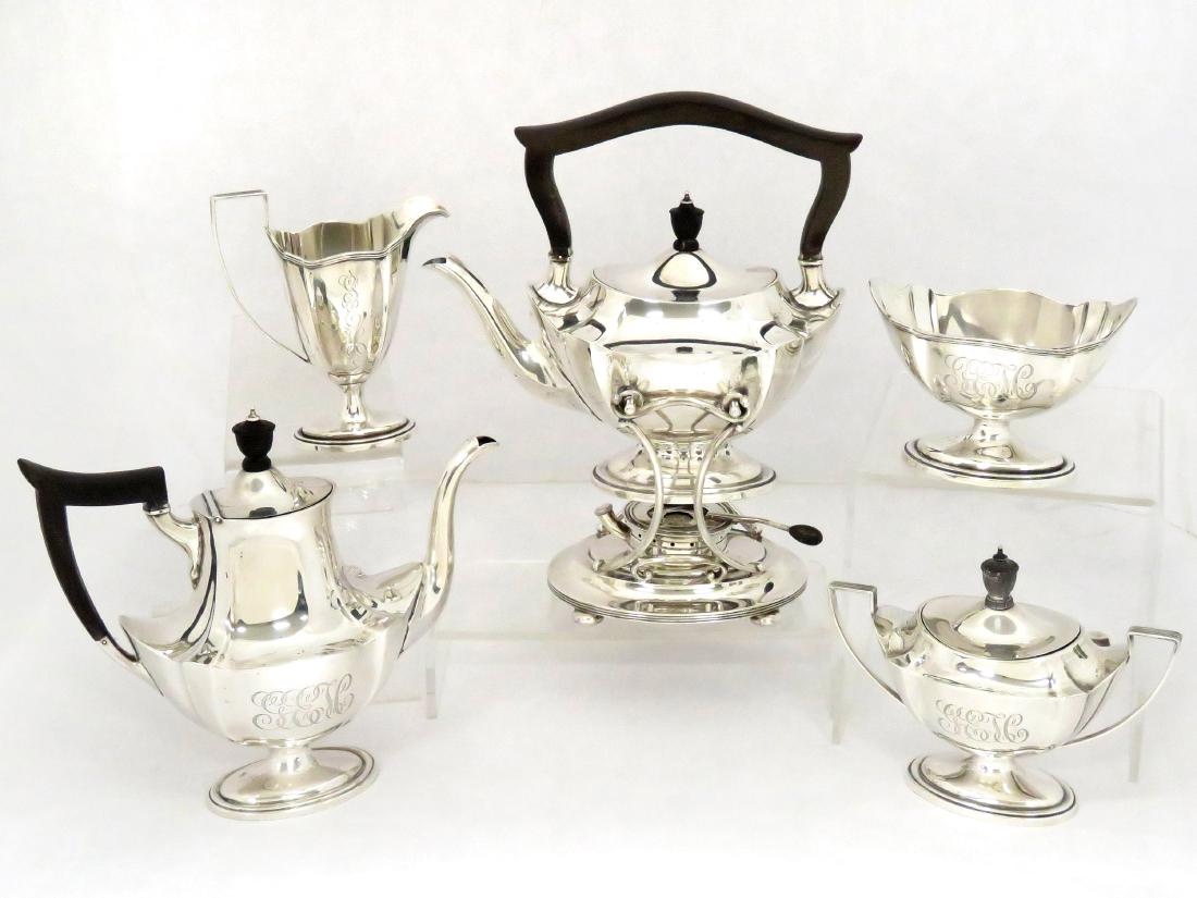 SET (5) GORHAM "PLYMOUTH" STERLING TEA SERVICE, #A2415,: SET (5) GORHAM "PLYMOUTH" STERLING TEA SERVICE, #A2415, GROSS WEIGHT 86.43 OZT INCLUDING HOT WATER AND TEAPOT, BOTH WITH EBONY HANDLES, CREAMER, SUGAR & WASTE