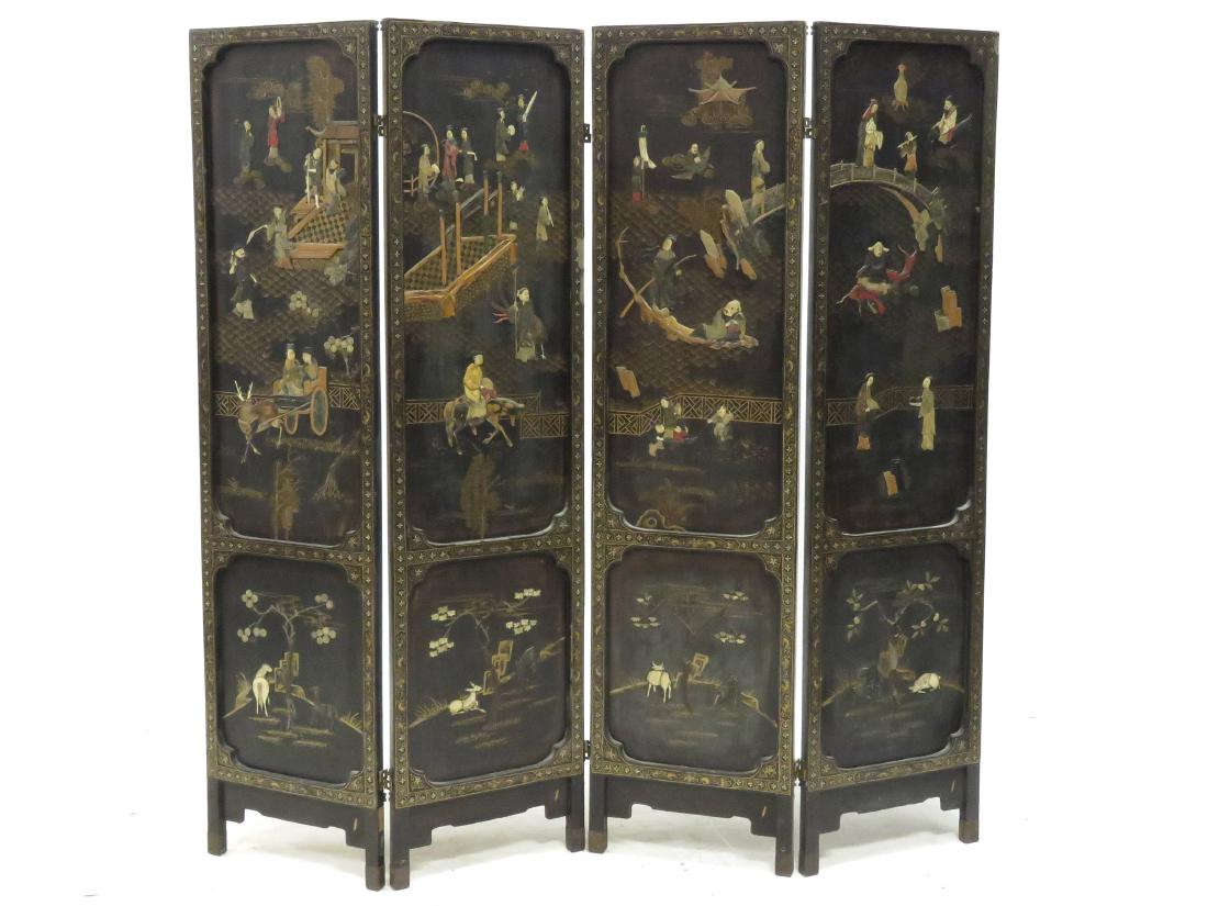 CHINESE GILT DECORATED AND HARD STONE MOUNTED 4-PANEL (1 of 4)