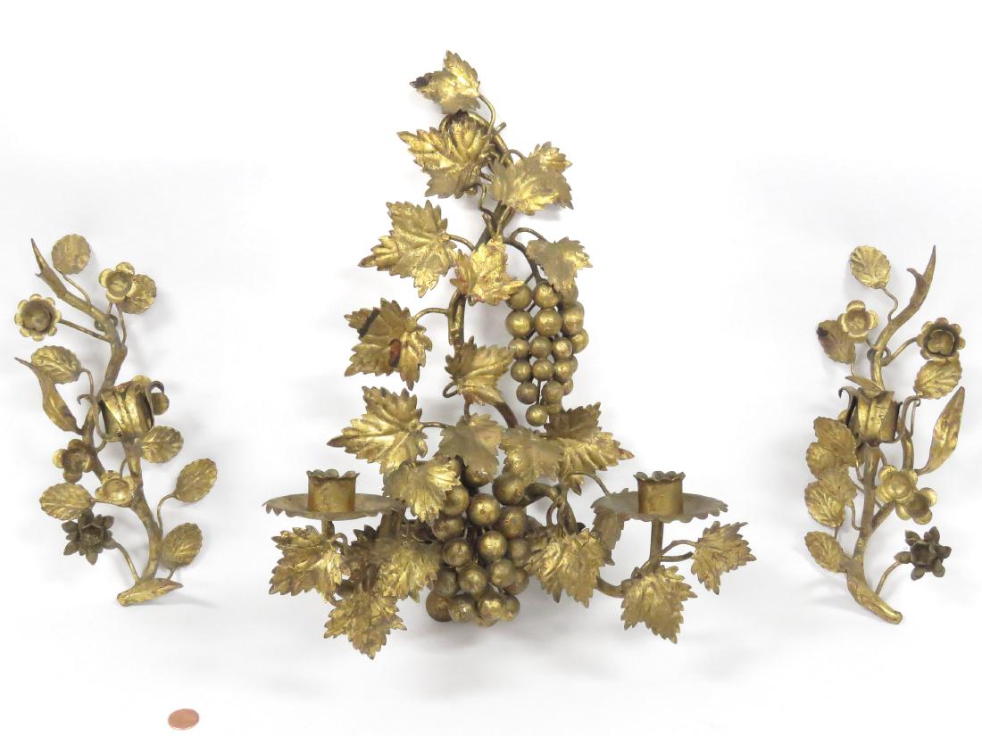 LOT (3) CONTINENTAL GILT IRON SCONCES. HEIGHT 15" (1 of 5)