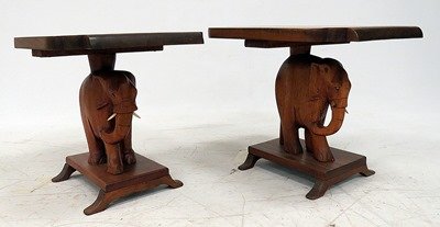 PAIR CARVED TEAK SIDE TABLE WITH ELEPHANT PEDESTAL (1 of 3)