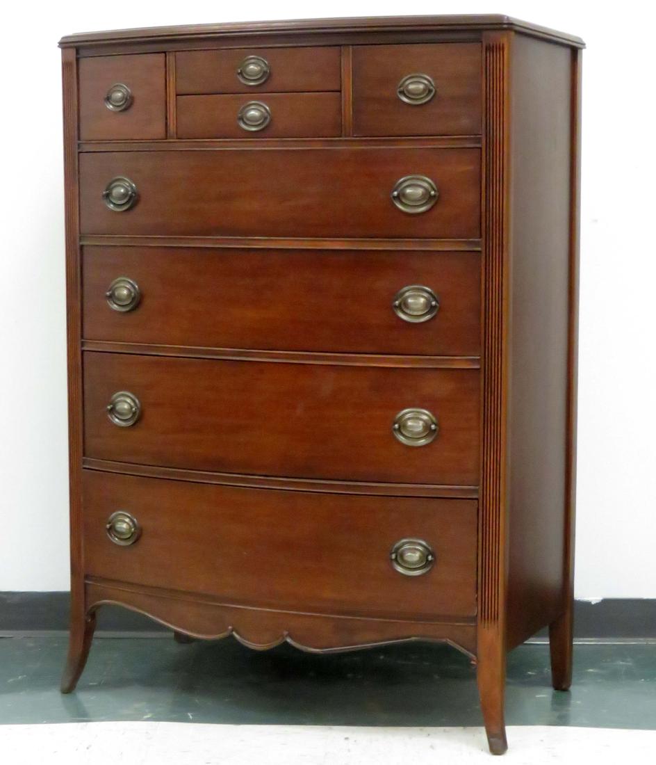 HEPPLEWHITE STYLE CARVED MAHOGANY BOW FRONT CHEST. (1 of 1)