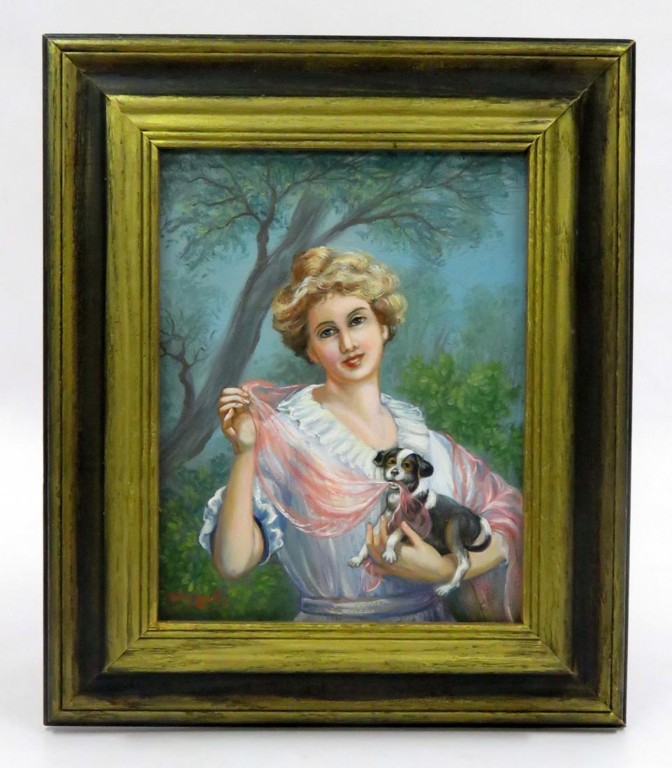 KRISTINA NEMETHY (AMERICAN 20TH CENTURY), OIL ON CANVAS: KRISTINA NEMETHY (AMERICAN 20TH CENTURY), OIL ON CANVAS LAID ON PANEL, YOUNG WOMAN WITH DOG, SIGNED. 9 3/4 X 8"; FRAMED 14 X 12"