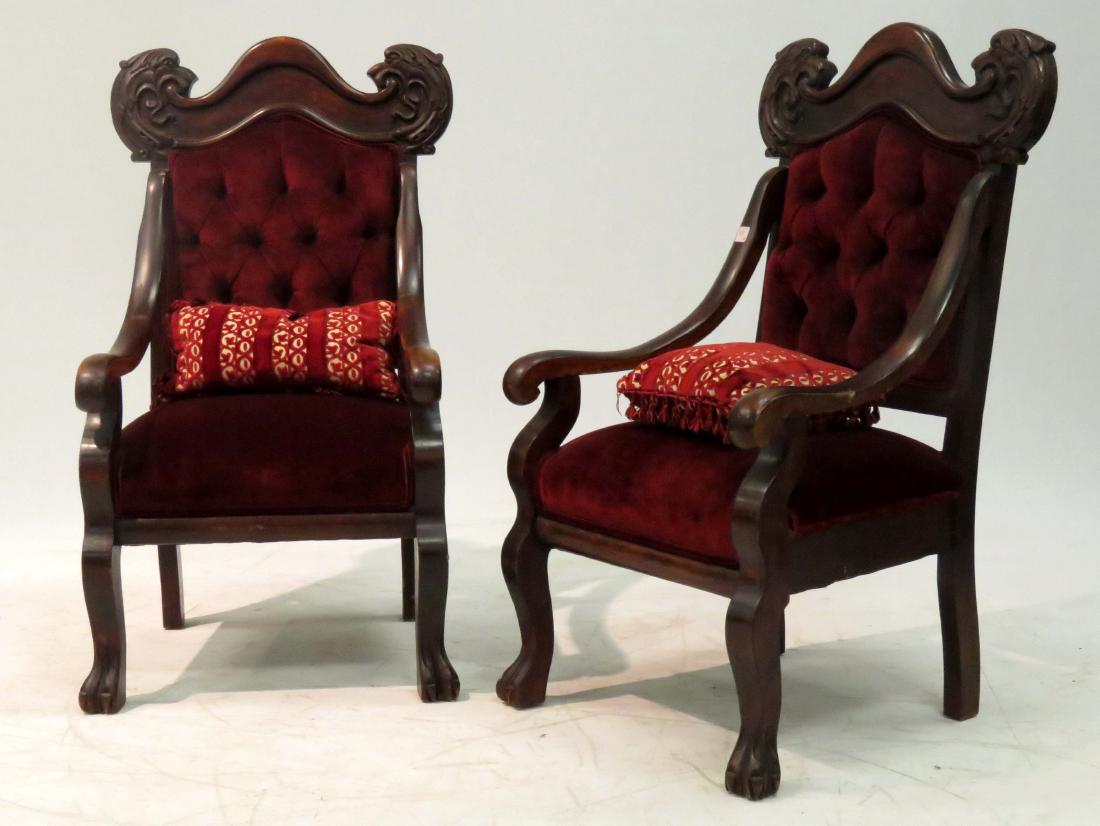 PAIR EMPIRE REVIVAL CARVED AND STAINED MAPLE ARMCHAIRS (1 of 1)