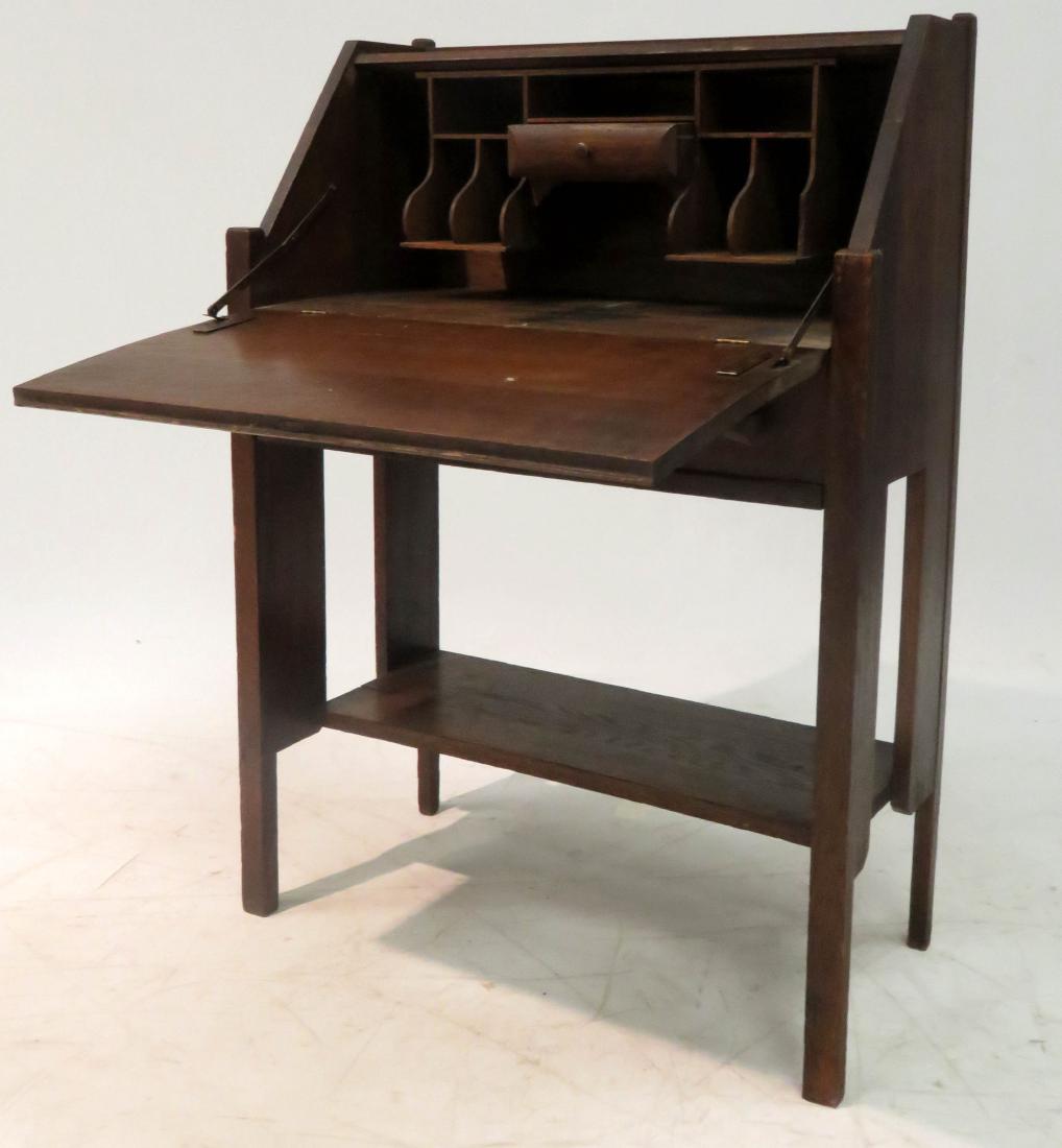 ARTS & CRAFTS OAK SLANT-FRONT LADY'S DESK, SIGNED. (1 of 2)