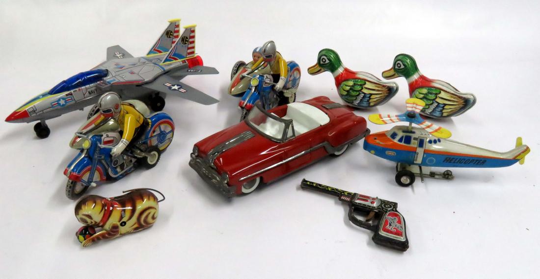 BOX LOT ASSORTED TIN LITHO TOYS INCLUDING F-14A JET (1 of 4)