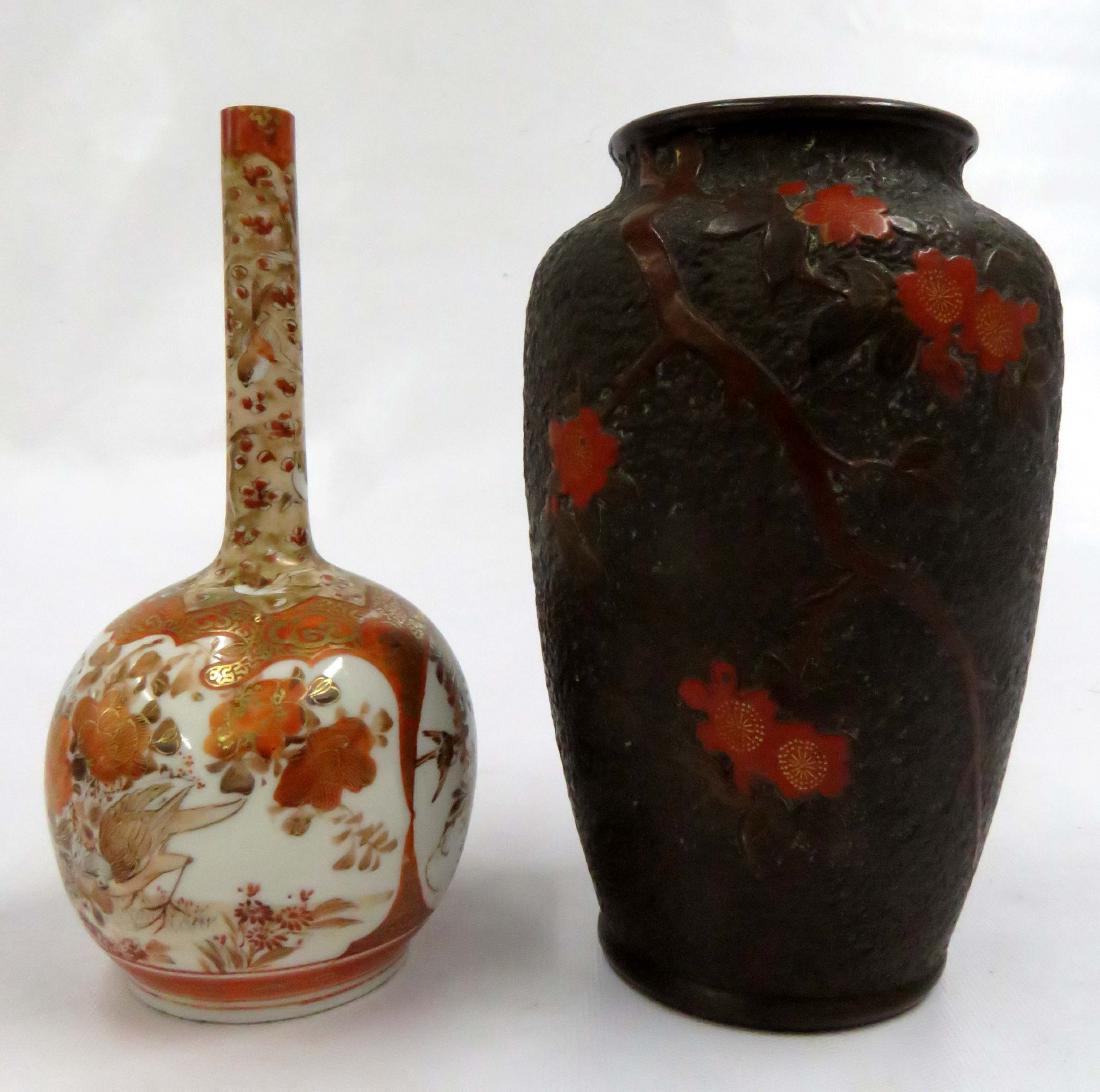 LOT (2) INCLUDING JAPANESE DECORATED KUTANI BOTTLE: LOT (2) INCLUDING JAPANESE DECORATED KUTANI BOTTLE VASE, HEIGHT 7 1/2" AND TOKONAME VASE, HEIGHT 7 1/2"