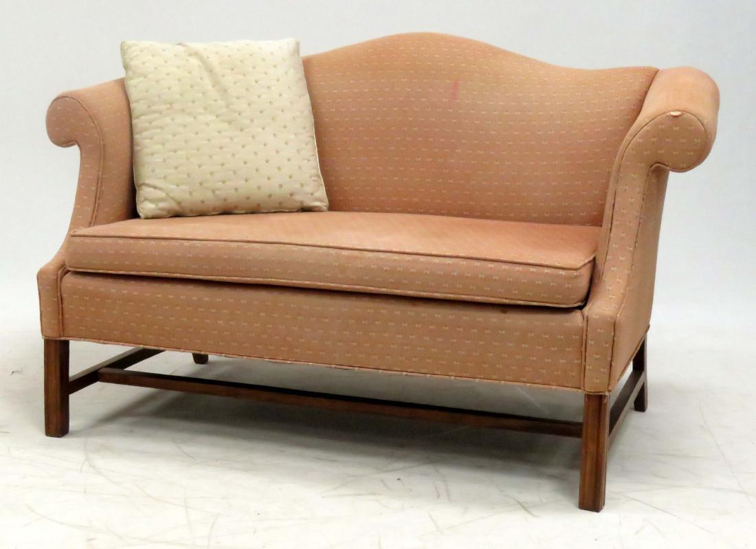 PAIR CHIPPENDALE STYLE UPHOLSTERED SETTEES. LENGTH 60": PAIR CHIPPENDALE STYLE UPHOLSTERED SETTEES. LENGTH 60"