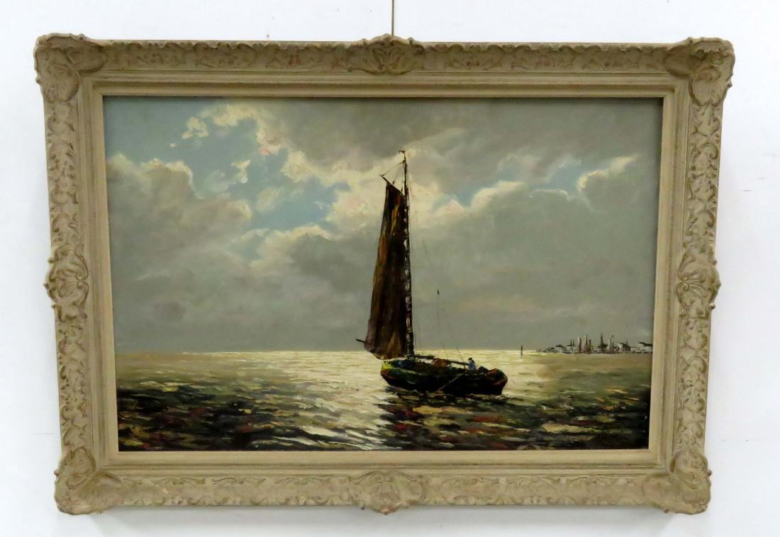 CONTINENTAL SCHOOL (20TH CENTURY), OIL ON CANVAS,: CONTINENTAL SCHOOL (20TH CENTURY), OIL ON CANVAS, FISHERMAN LEAVING PORT, SIGNED V. VEGT. 24 X 36"; FRAMED 30 X 42"