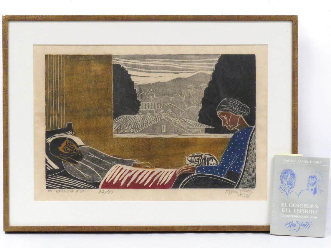 FRANCISCO AMIGHETTI (COSTA RICA 1907-1998), COLORED: FRANCISCO AMIGHETTI (COSTA RICA 1907-1998), COLORED WOODCUT, "MI INFANCIA FUE...", SIGNED AND TITLED, #32/51, 1983. SIGHT 17 1/2 X 26"; FRAMED AND GLAZED-24 1/2 X 33" ACCOMPANIED BY BOOK "EL DESORDEN