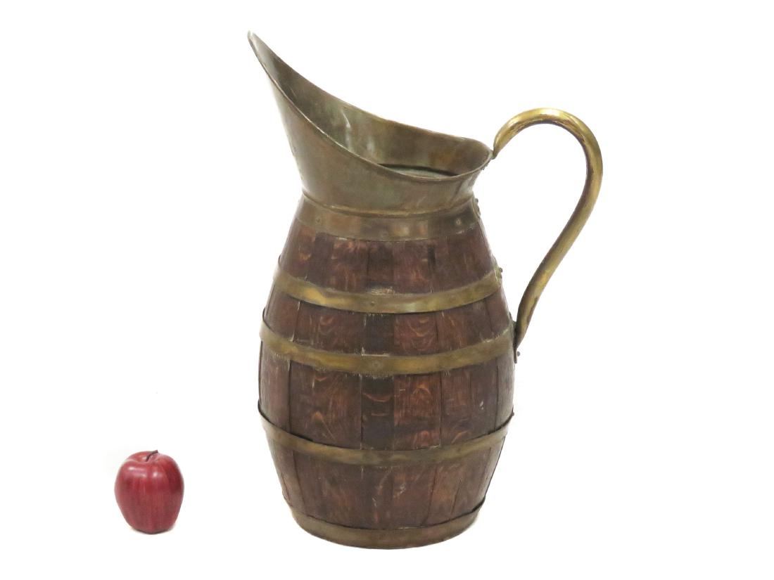 CONTINENTAL BRASS BOUND OAK CIDER PITCHER, 19TH (1 of 3)