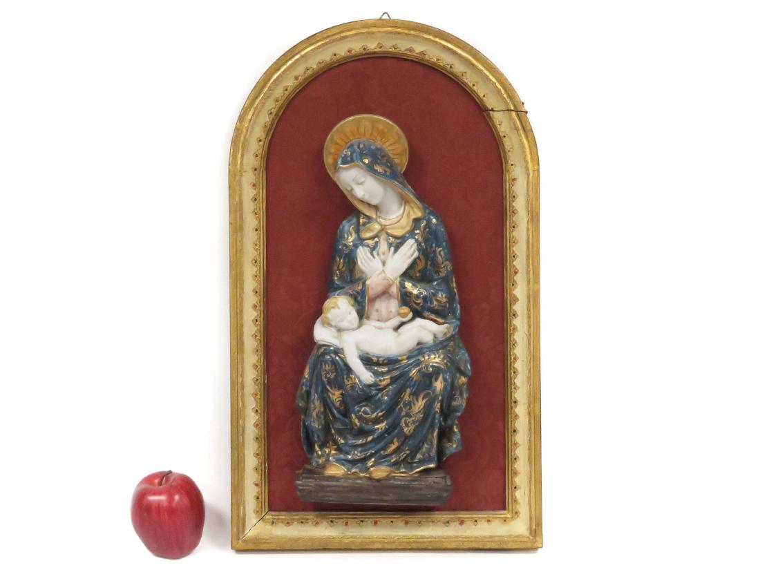 ITALIAN DECORATED FAIENCE POTTERY FIGURE MADONNA/CHILD, (1 of 4)