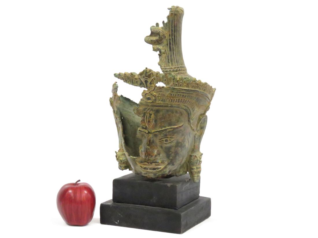 THAI BRONZE FRAGMENT HEAD OF BUDDHA. HEIGHT 14" WITH (1 of 3)