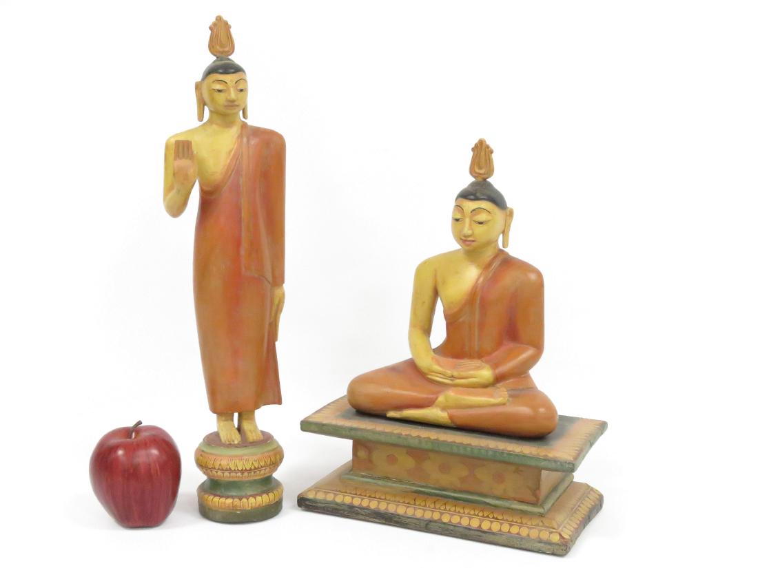 LOT (2) SRI LANKA CARVED AND PAINTED WOOD BUDDHA’S. (1 of 3)