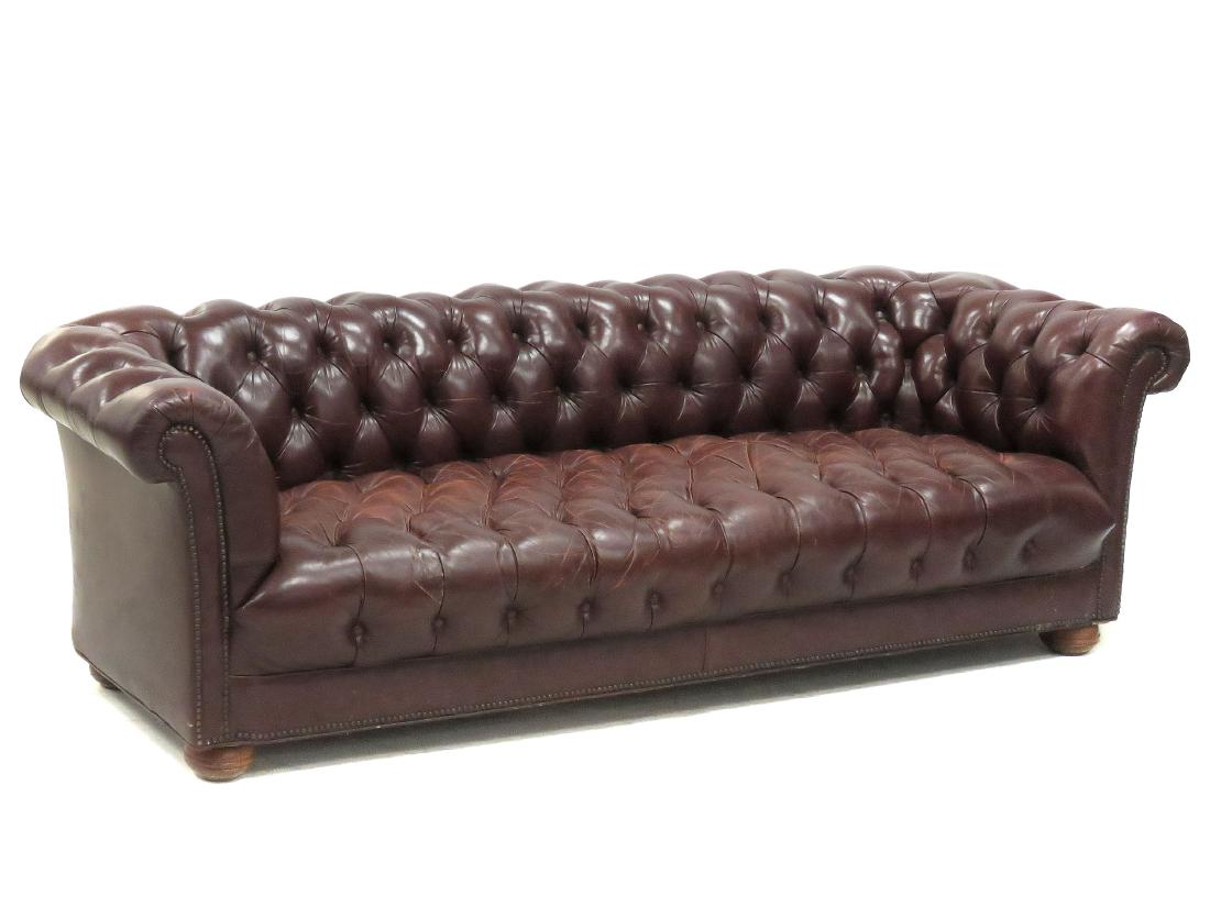CHESTERFIELD DEEP BURGUNDY LEATHER SOFA. HEIGHT 28"; (1 of 2)