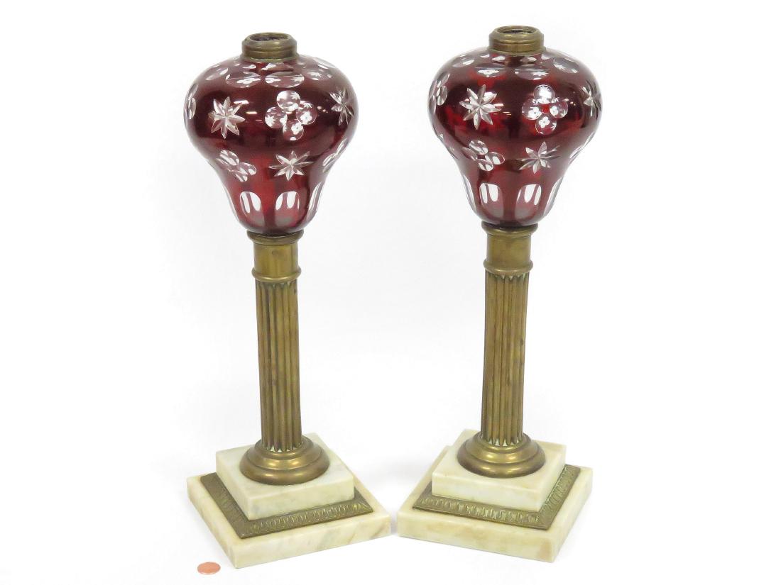 PAIR VINTAGE BOHEMIAN GLASS PEDESTAL OIL LAMP BASES. (1 of 3)