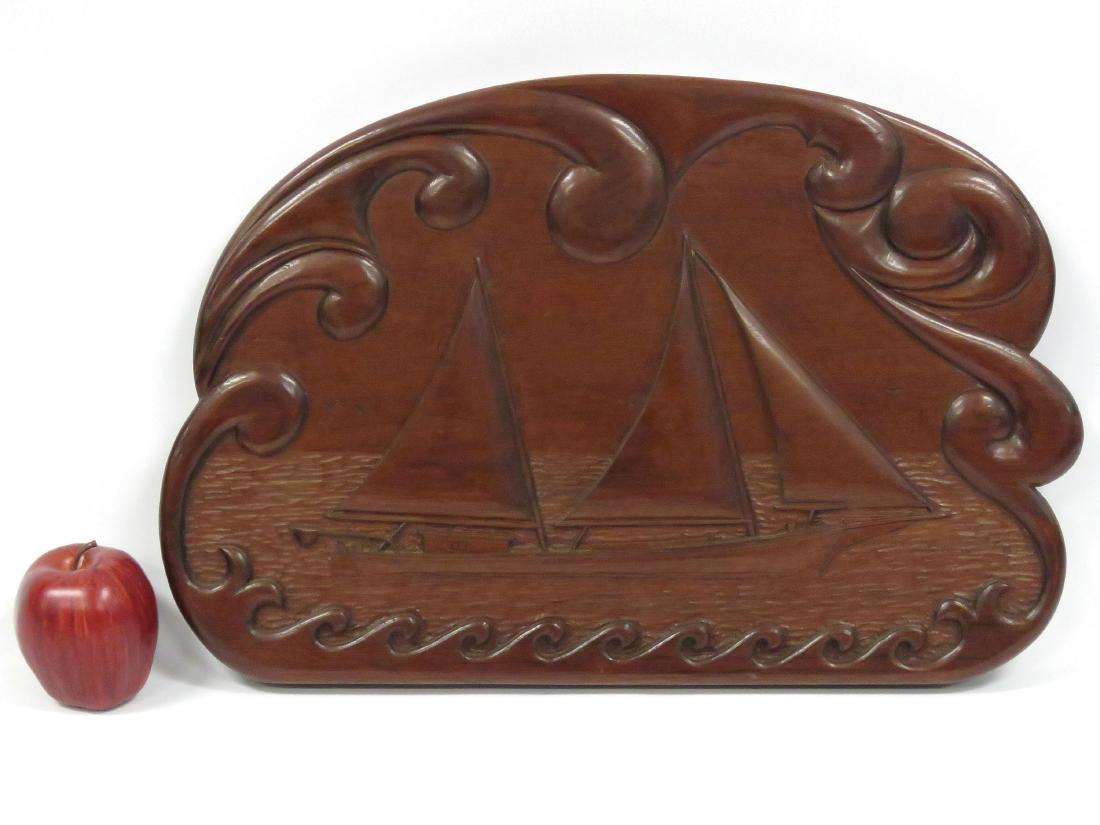 CARVED MAHOGANY PANEL, CHESAPEAKE BAY BUGEYE, CARVED BY: CARVED MAHOGANY PANEL, CHESAPEAKE BAY BUGEYE, CARVED BY PEPPER LANGLEY, SOLOMONS, MD, AUG '80. 13 1/4 X 19 3/4"