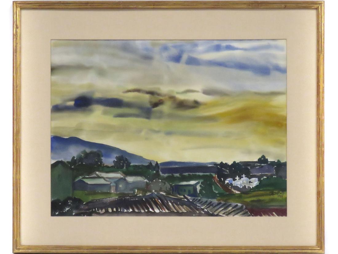FRANCISCO AMIGHETTI (COSTA RICA 1907-1998), WATERCOLOR,: FRANCISCO AMIGHETTI (COSTA RICA 1907-1998), WATERCOLOR, VILLAGE LANDSCAPE, SIGNED 1988. SIGHT 17 X 22 1/2"; FRAMED AND GLAZED-24 1/2 X 29 1/2"
