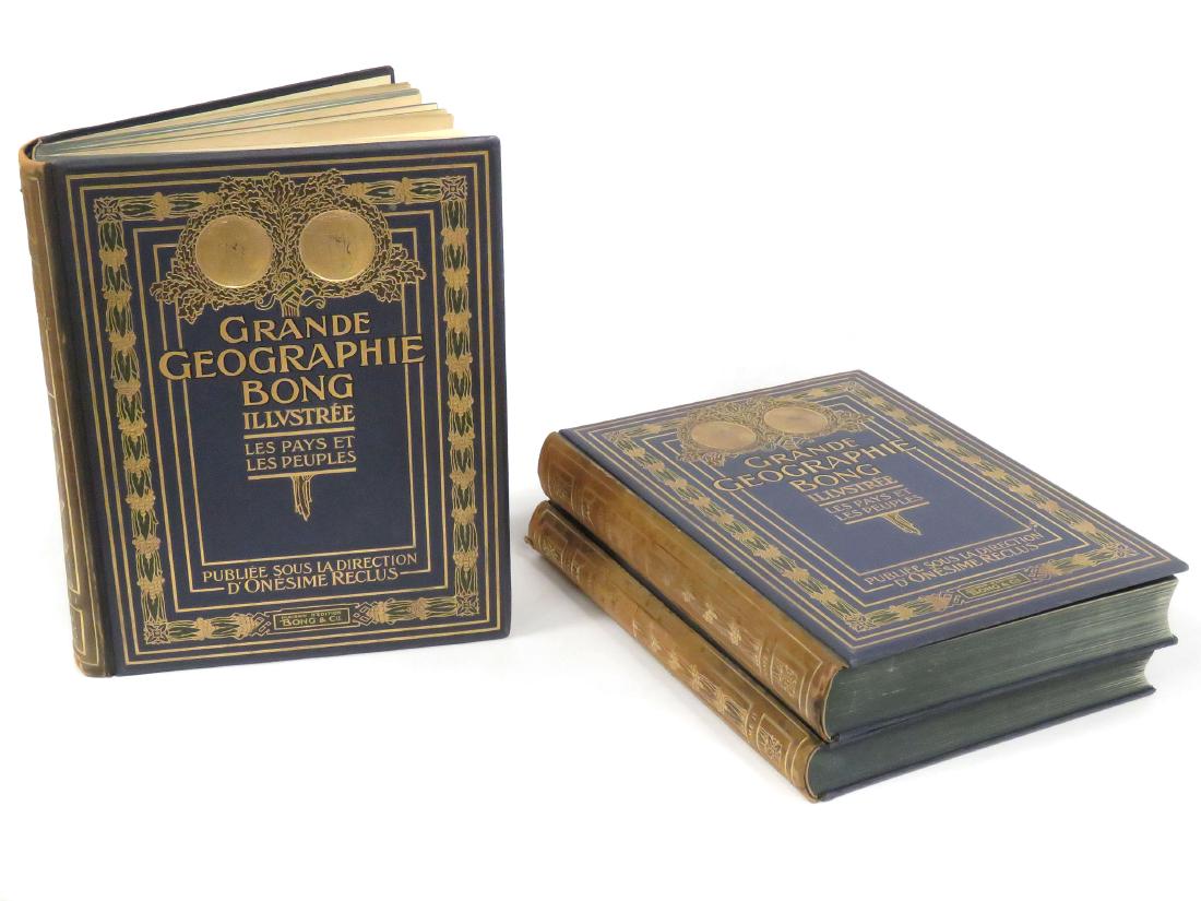 LOT (3) LEATHER BOUND VOLUMES-"GRAND GEOGRAPHIE BONG: LOT (3) LEATHER BOUND VOLUMES-"GRAND GEOGRAPHIE BONG ILLUSTREE, LES PAYS ET LES PEUPLES", 1911. OVERALL 15 1/4 X 12" (WEAR TO SPINES)