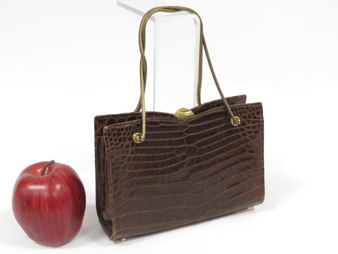 VINTAGE FRENCH BROWN ALLIGATOR HAND BAG, LEATHER LINED (1 of 4)