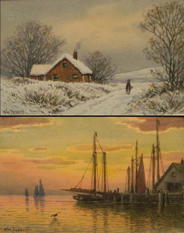 LOT (2) WATERCOLORS, SIGNED WM. PASKELL: LOT (2) WATERCOLORS, SIGNED WM. PASKELL (WILLIAM FREDERICK, BOSTON 1866-1951) INCLUDING NEW HAMPSHIRE WINTER LANDSCAPE; EVENING-HARBOR SCENE. 4 1/2 X 7"; FRAMED & GLAZED 10 X 12 1/2"