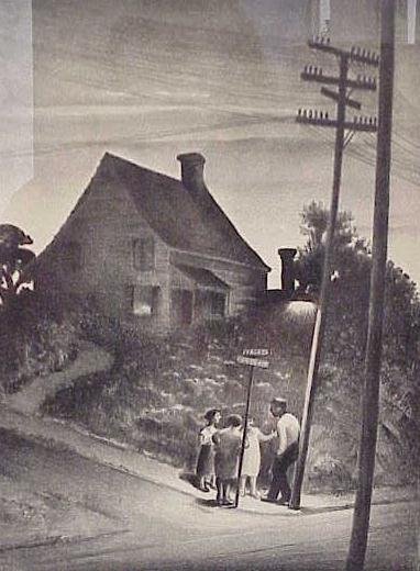 LITHOGRAPH, STREET CORNER, MABEL DWIGHT: LITHOGRAPH, STREET CORNER, SIGNED MABEL DWIGHT 1929 (AMERICAN 1876-1955). PLATE 13 X 9 3/4" *CONDITION: The sheet is 16 x 12 1/2", it is framed and matted and taped to reverse of mat all around. The p