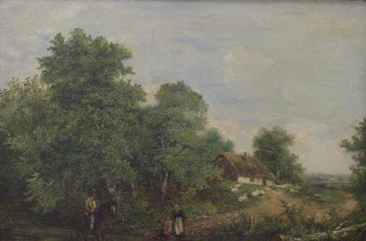 O/C, SGN WILLIAM FREDERICK WITHERINGTON: OIL ON CANVAS, "A HALT AT THE FARM", SIGNED W.F. WITHERINGTON (WILLIAM FREDERICK, BRITISH R.A. 1785-1865). 22 1/4 X 36 1/2" PLEASE NOTE: DUE TO THE SIZE AND/OR FRAGILITY OF THIS LOT STANDARD IN-HOUSE
