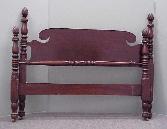 CARVED MAHOGANY FOUR POSTER BED: CARVED MAHOGANY FULL SIZE FOUR POSTER BED WITH PINEAPPLE FINIALS, 20TH CENTURY. HEIGHT 48"; WIDTH 58" PLEASE NOTE: DUE TO THE SIZE AND/OR FRAGILITY OF THIS LOT STANDARD IN-HOUSE SHIPPING IS NOT AVAILA