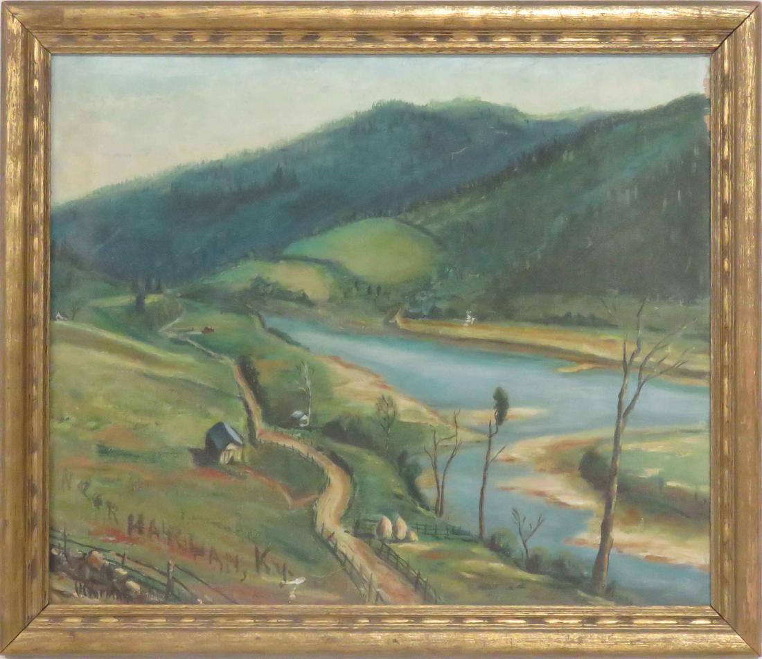 VELMA NORMAN (AMERICAN 20TH CENTURY), OIL ON CANVAS,: VELMA NORMAN (AMERICAN 20TH CENTURY), OIL ON CANVAS, "NEAR HARLAN KY", SIGNED AND TITLED. 16 X 20"; FRAMED 18 1/2 X 22 1/2"