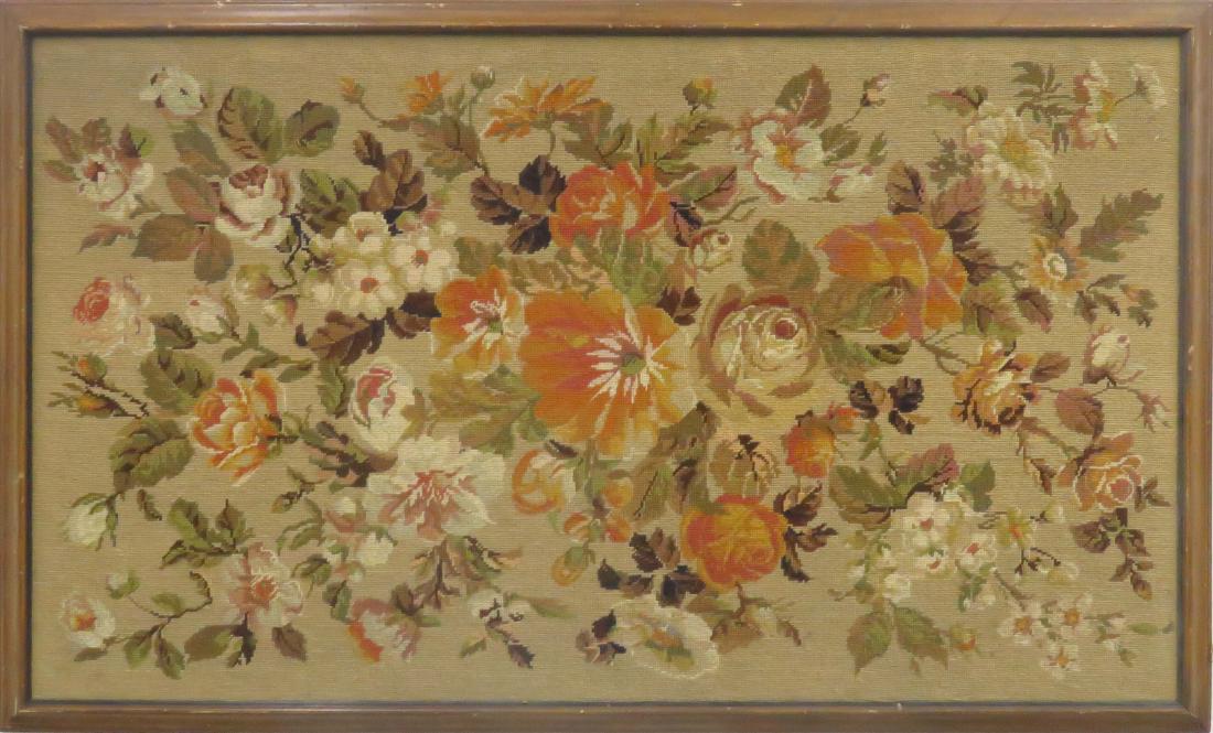 VINTAGE NEEDLEPOINT FLORAL PANEL. FRAMED 39 X 63" (1 of 2)