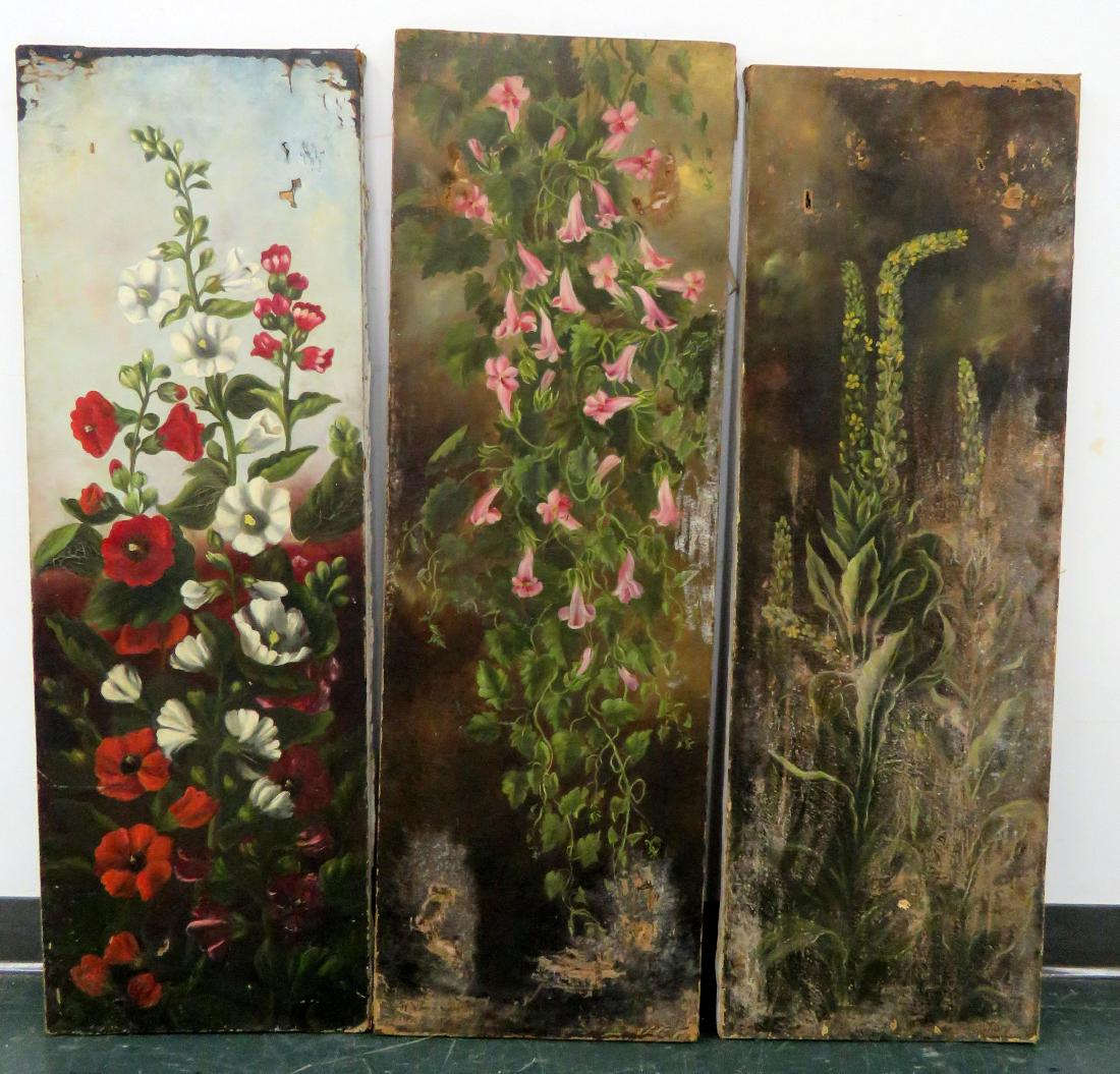 LOT (3) AMERICAN SCHOOL (19/20TH CENTURY), OIL ON: LOT (3) AMERICAN SCHOOL (19/20TH CENTURY), OIL ON CANVAS, FLORAL STILL LIFE, UNSIGNED. EACH APPROX 45 X 15" (PAINT LOSS/PERFORATIONS/REPAIRS)