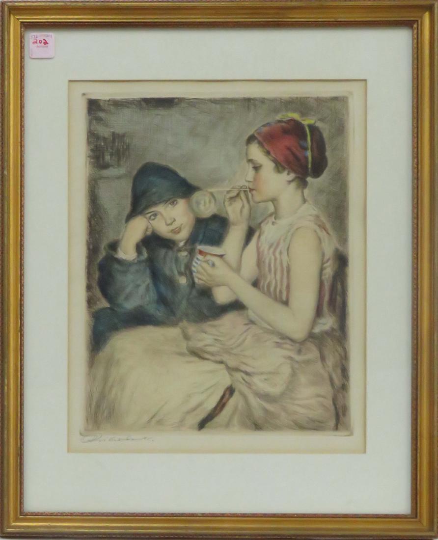 AMERICAN SCHOOL (20TH CENTURY), HAND COLORED ETCHING, (1 of 2)