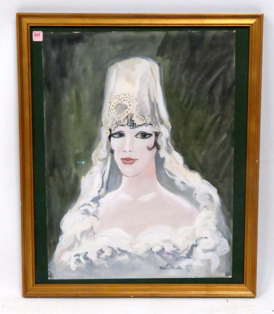 FRENCH SCHOOL (20TH CENTURY), MIXED MEDIA AND GOUACHE: FRENCH SCHOOL (20TH CENTURY), MIXED MEDIA AND GOUACHE ON PAPER, ESPANOLA, BEARS SIGNATURE FRANCIS PICABIA. SHEET 26 X 19 1/2"; FRAMED AND GLAZED-30 X 25"