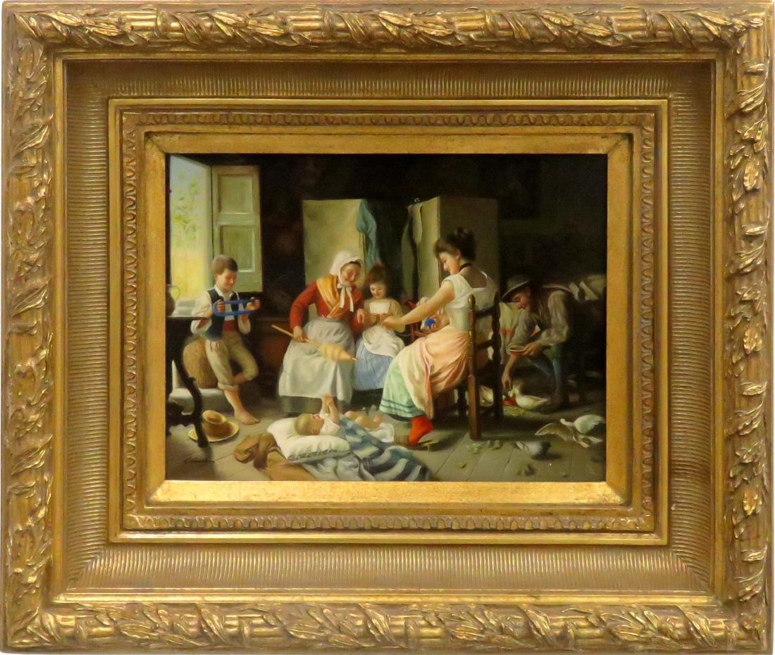 CONTINENTAL SCHOOL (20TH CENTURY), OIL ON PANEL,: CONTINENTAL SCHOOL (20TH CENTURY), OIL ON PANEL, INTERIOR WITH FAMILY, SIGNED CLAUDE. 12 X 16"; FRAMED 22 X 26"