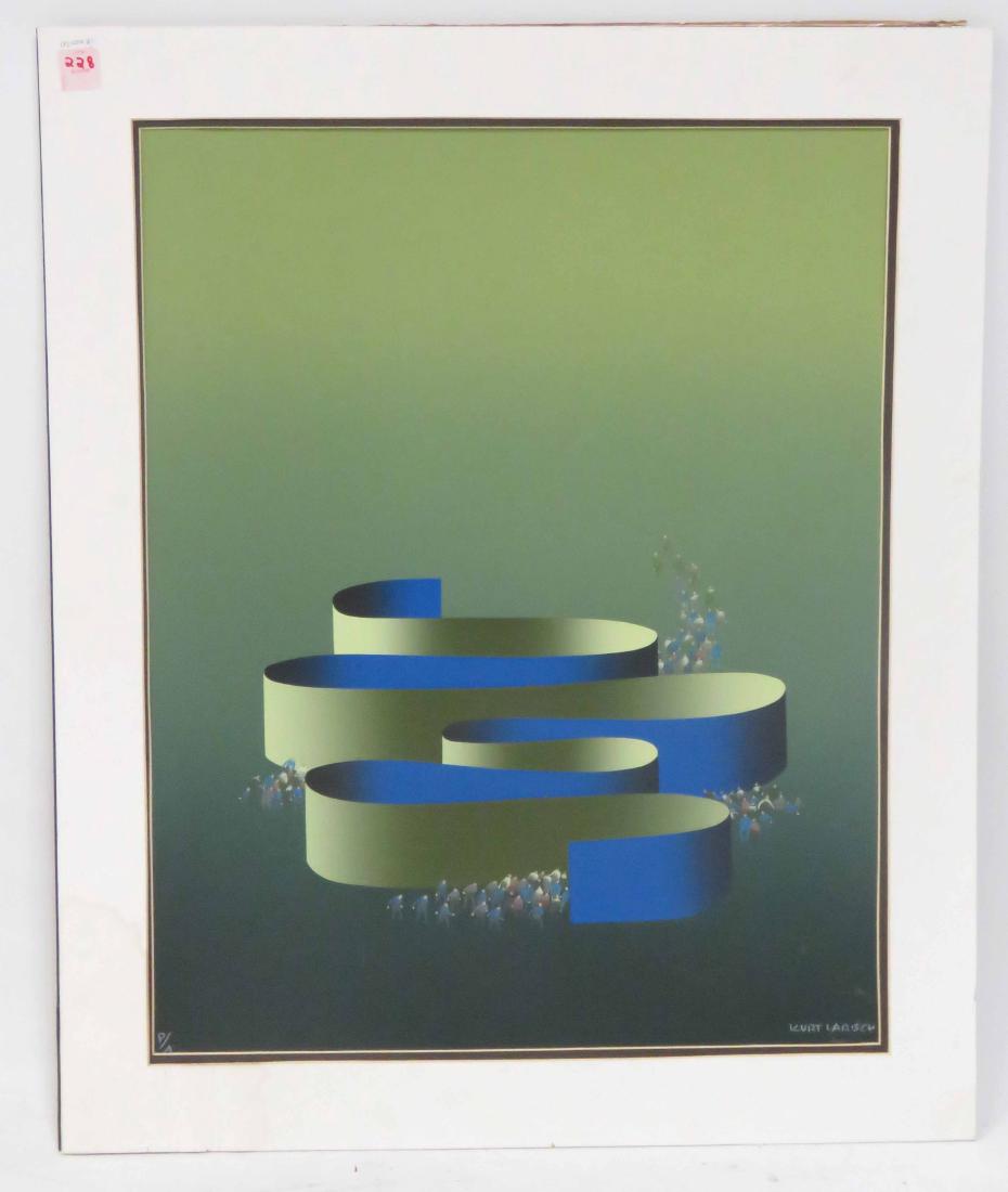 KURT LARIVCH (AUSTRIA/MEXICO 1913-2009), SERIGRAPH,: KURT LARIVCH (AUSTRIA/MEXICO 1913-2009), SERIGRAPH, GREEN BLUE RIBBON, A/P. SIGHT 18 X 22 1/2"; FRAMED AND GLAZED-24 X 29" (MAT WATER STAINED LL CORNER)