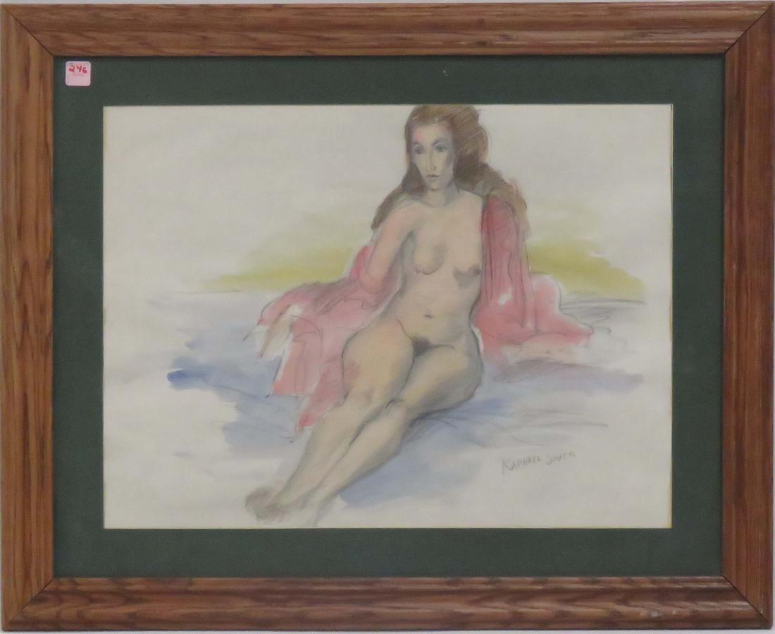 RAPHAEL SOYER (AMERICAN 1889-1987), GRAPHITE AND: RAPHAEL SOYER (AMERICAN 1889-1987), GRAPHITE AND WATERCOLOR, UNTITLED NUDE STUDY, SIGNED. SIGHT 17 1/2 X 23 1/4"; FRAMED AND GLAZED-26 X 32"