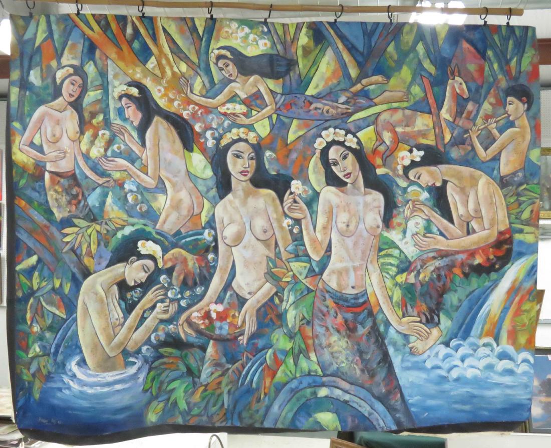 BALINESE SCHOOL (20TH CENTURY), OIL ON CANVAS, BATHERS,: BALINESE SCHOOL (20TH CENTURY), OIL ON CANVAS, BATHERS, SIGNED '03. 59 X 78"