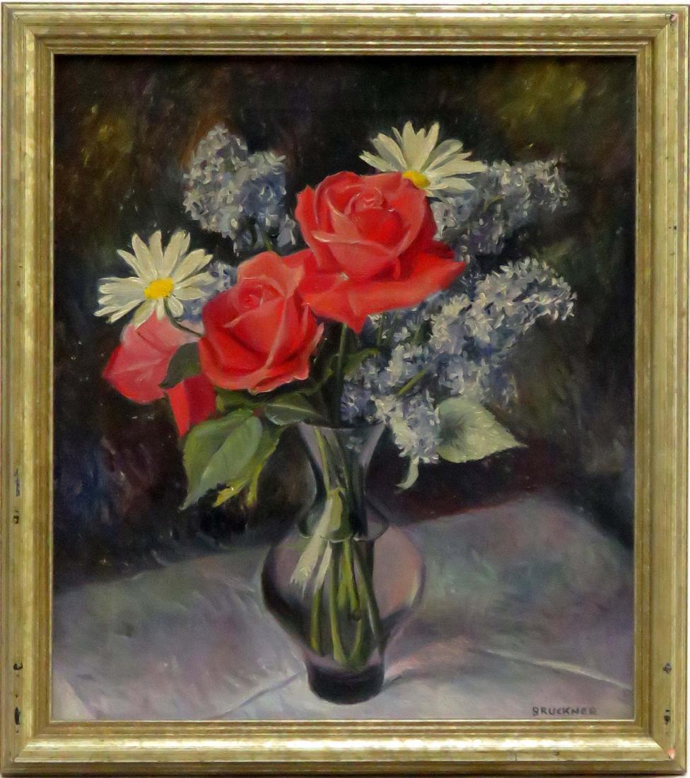 AMERICAN SCHOOL (20TH CENTURY), OIL ON CANVAS, VASE: AMERICAN SCHOOL (20TH CENTURY), OIL ON CANVAS, VASE WITH ROSES, LILACS AND DAISIES, BEARS SIGNATURE BRUCKNER. 15 1/2 X 13 1/2"; FRAMED AND GLAZED-18 X 16"