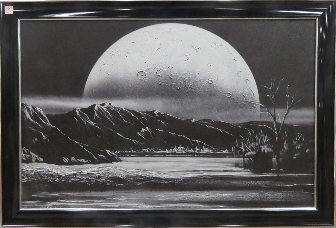 TEXTURED PRINT ON BOARD, ALIEN LANDSCAPE WITH MOON. (1 of 1)