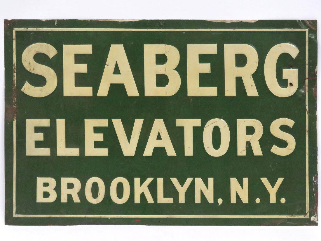 VINTAGE STAMPED STEEL SIGN, "SEABERG ELEVATORS", (1 of 1)
