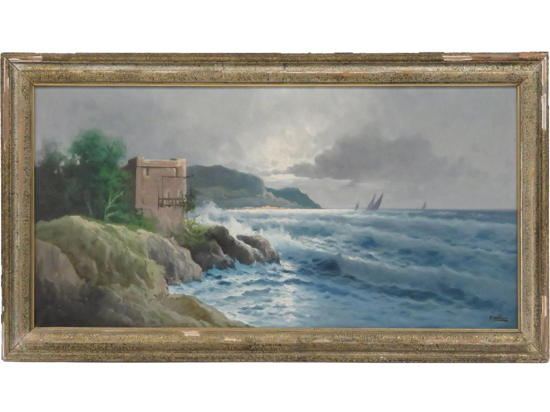 CONTINENTAL SCHOOL (20TH CENTURY), OIL ON CANVAS, ROCKY: CONTINENTAL SCHOOL (20TH CENTURY), OIL ON CANVAS, ROCKY COASTLINE, SIGNED FISCHER. 23 1/2 X 47"; FRAMED 29 1/2 X 53 1/2"