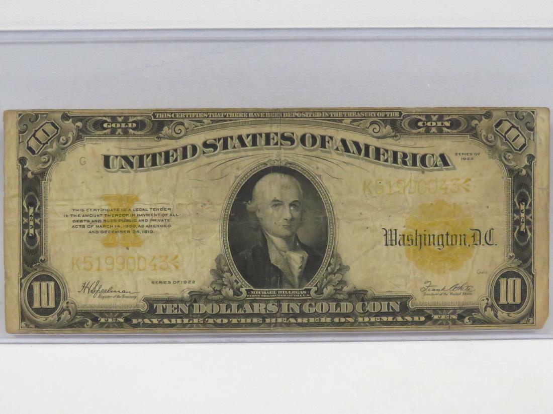 US SERIES 1922 $10.00 GOLD CERTIFICATE (LARGE), #1173 (1 of 2)