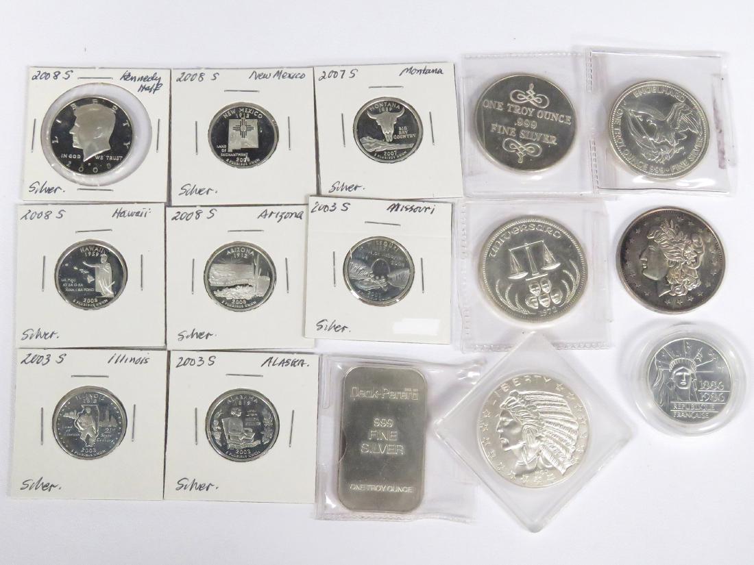 LOT (15) INCLUDING (6) 1 OZT SILVER COINS/INGOT, (1) (1 of 1)