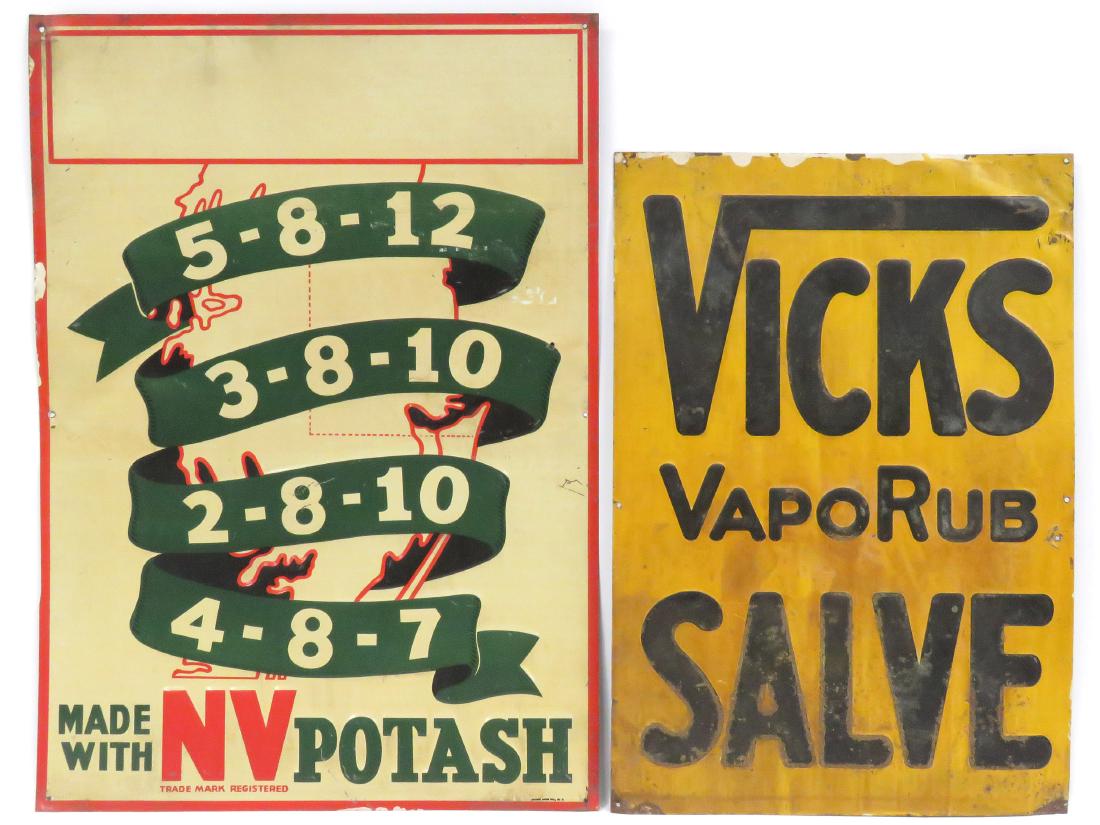 LOT (2) VINTAGE STAMPED STEEL SIGNS INCLUDING "VICKS (1 of 1)