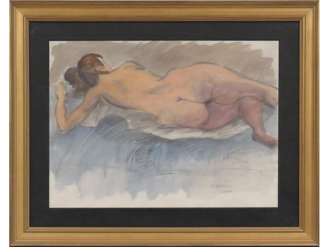 AMERICAN SCHOOL (20TH CENTURY), WATERCOLOR AND PENCIL,: AMERICAN SCHOOL (20TH CENTURY), WATERCOLOR AND PENCIL, NUDE STUDY, SIGNED RAPHAEL SOYER. SIGHT 17 1/2 X 23 1/4"; FRAMED AND GLAZED-25 1/2 X 31 1/2"