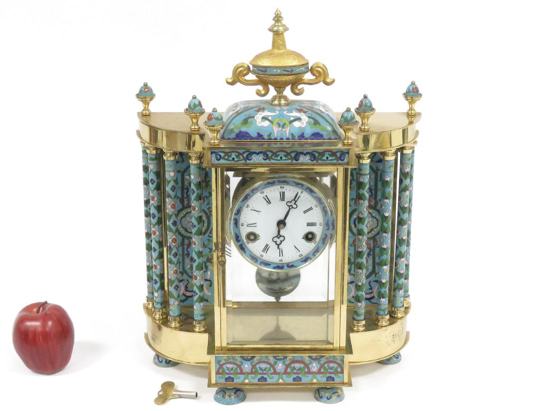 CHINESE BRASS AND CLOISONNE CRYSTAL REGULATOR MANTLE (1 of 3)