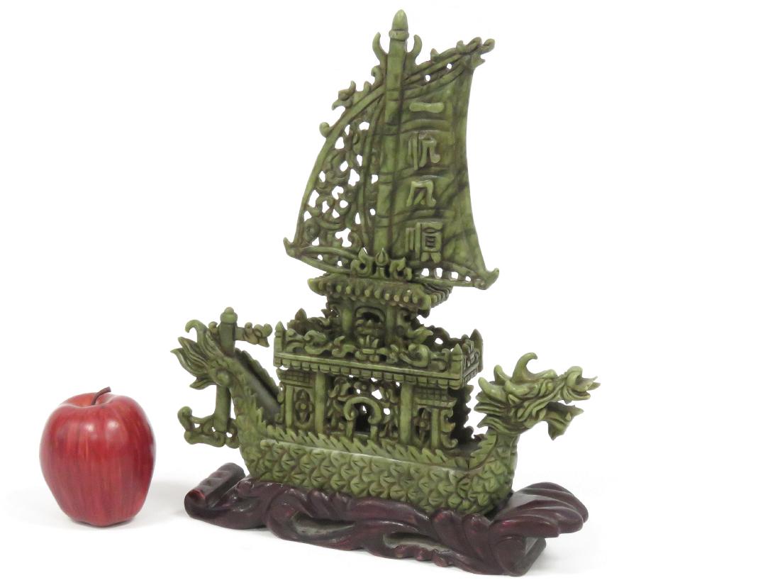 CHINESE CARVED GREEN HARDSTONE DRAGON BOAT ON STAND. (1 of 4)
