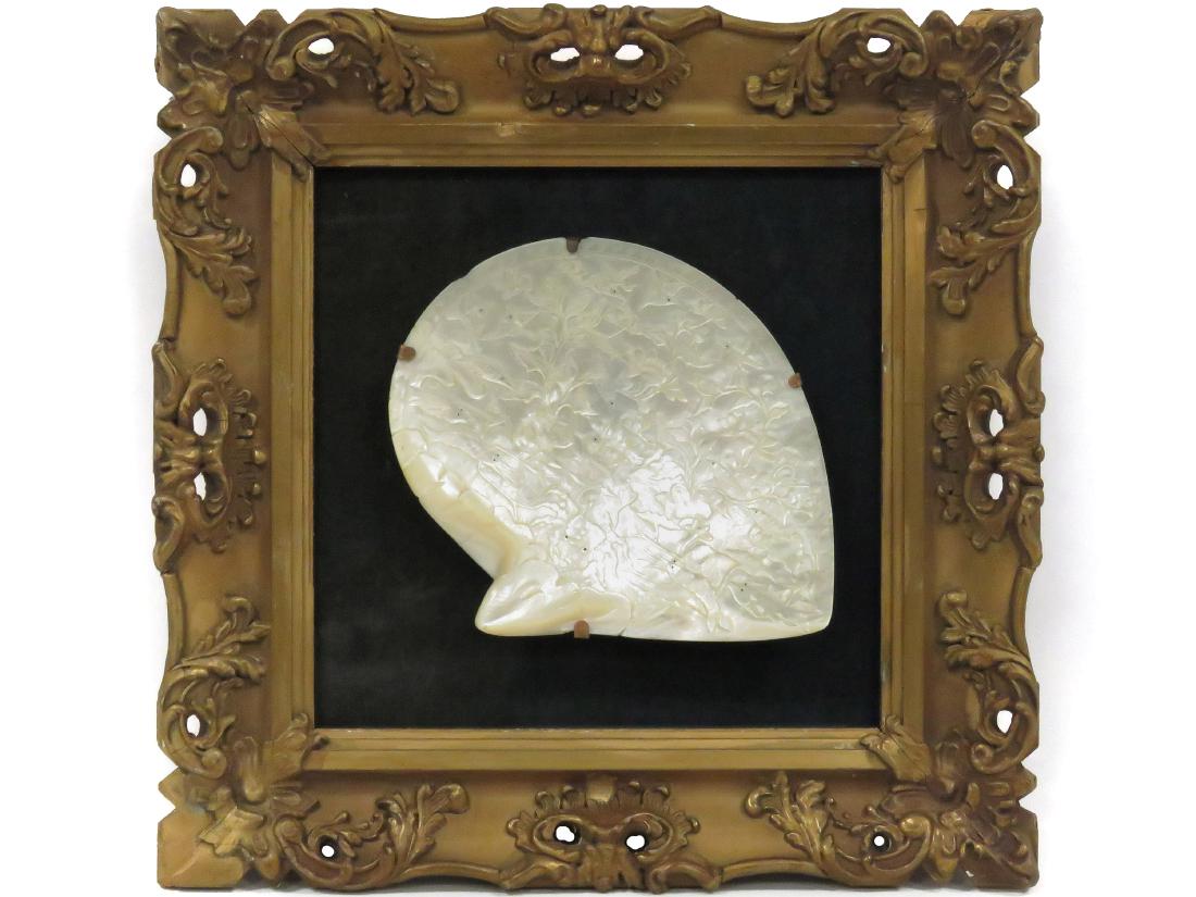 CHINESE CARVED SHELL. 6 3/4 X 7"; FRAMED 14 X 14" (1 of 3)