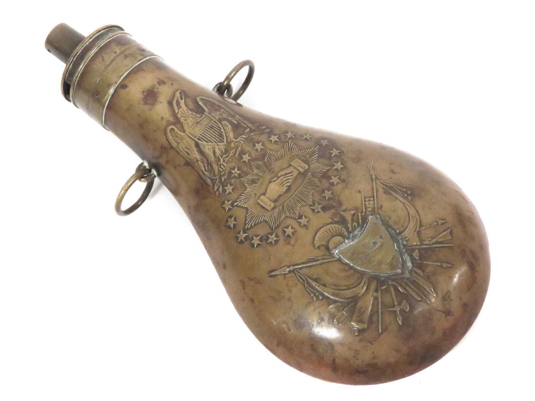 EMBOSSED BRASS SHOT FLASK WITH PATRIOTIC EMBLEMS, 19TH (1 of 3)