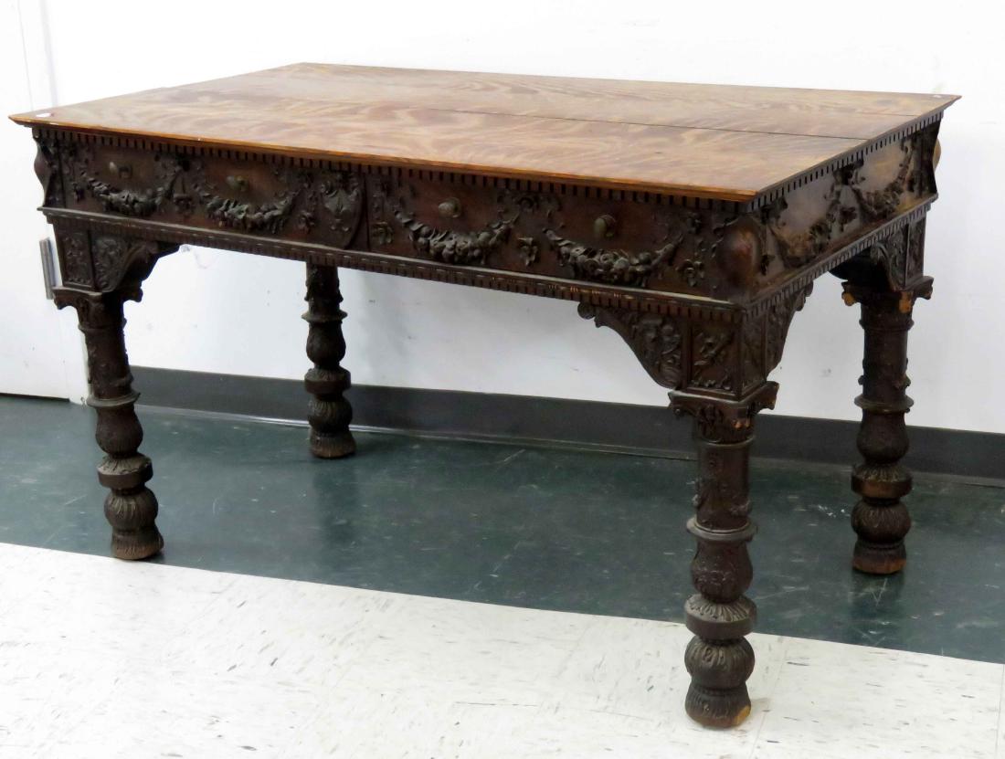 VINTAGE CARVED OAK DOUBLE-DRAWER CENTER TABLE/PARTNER'S (1 of 2)